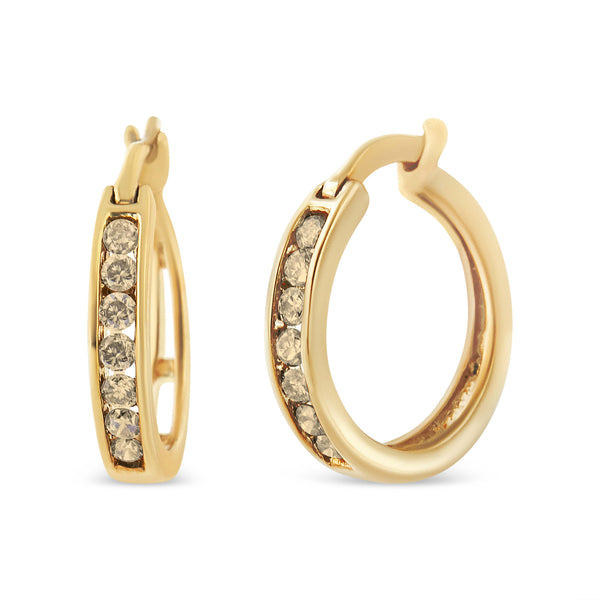 10K Yellow Gold Flashed .925 Sterling Silver 1/4 Cttw Channel Set Champagne Diamond Hoop Earring (K-L Color, I1-I2 Clarity)