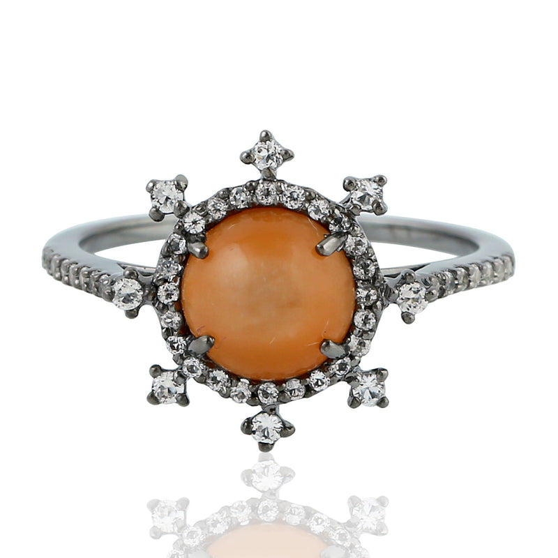 Peach Moonstone Sunburst Ring Oxidized 925 Silver Women Jewelry