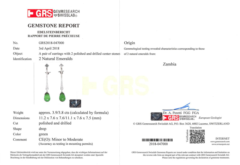 GRS Certified 18K White Gold Natural Green Zambian Emerald and 5/8 Cttw Diamond Drop and Dangle Earrings (F-G Color VS2-SI1 Clarity)