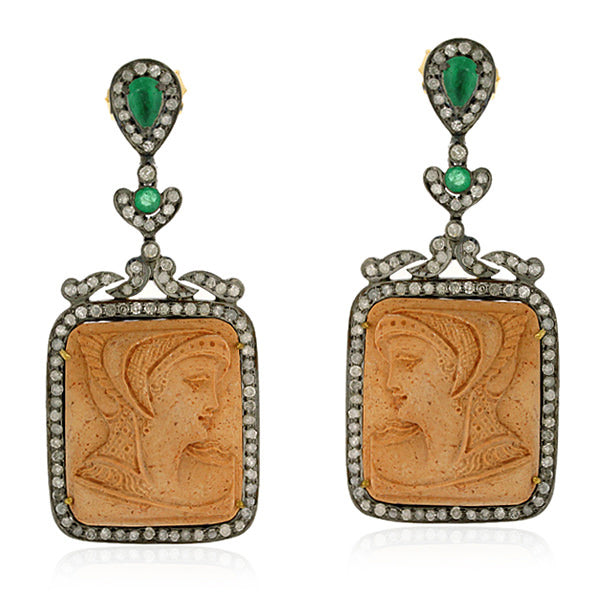 Pave Diamond Emerald Dangle Earrings 18k Gold Silver Victorian Cameo Jewelry