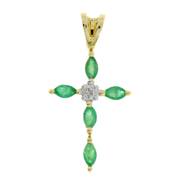 .09ct Emerald Cross Religious Pendant 14KT Yellow Gold