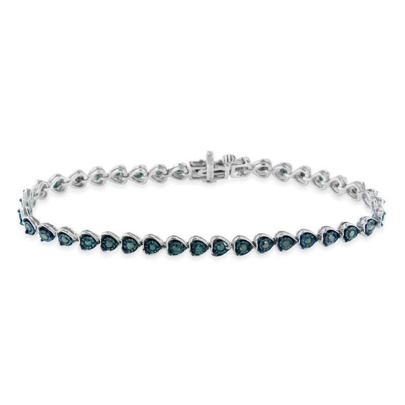 Black Rhodium over .925 Sterling Silver 1.0 Cttw Miracle Set Diamond Heart-Link 7" Tennis Bracelet (Blue Color, I2-I3 Clarity)