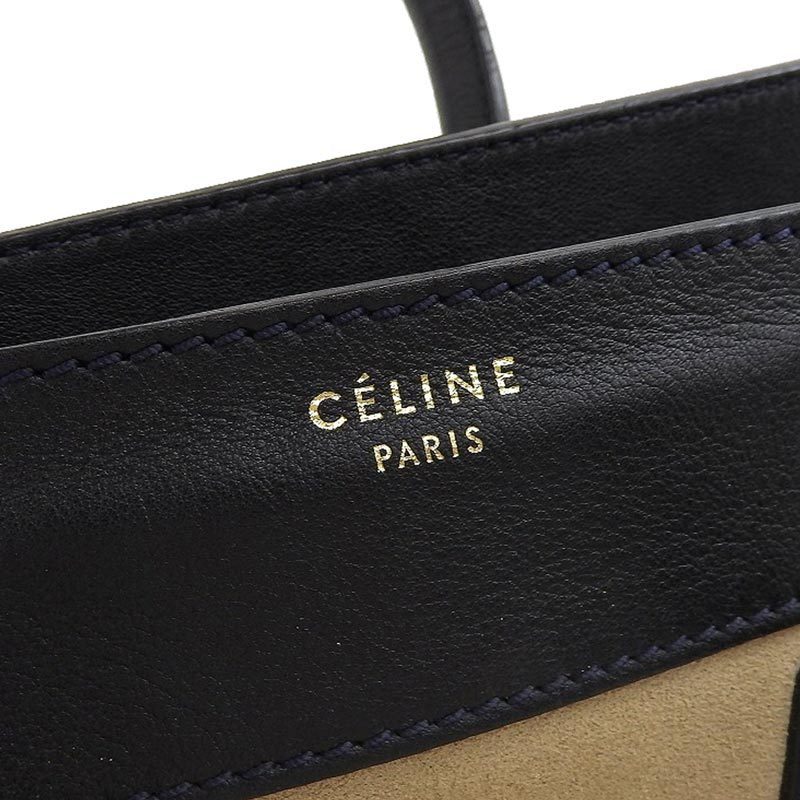 Celine Luggage Mini Shopper Handbag Velor Leather Beige Black