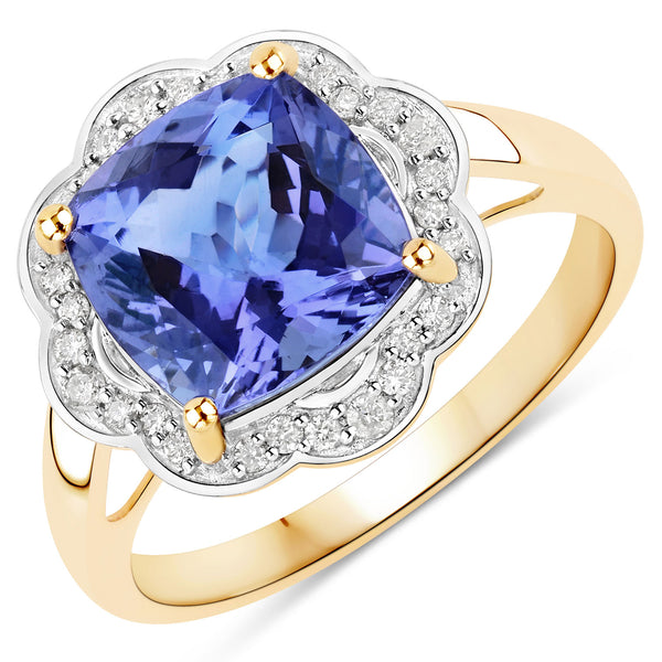 3.71 Carat Genuine Tanzanite and White Diamond 14K Yellow Gold Ring