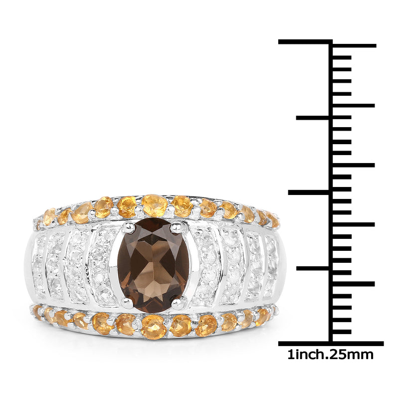 2.39 Carat Genuine Smoky Quartz, Citrine and White Topaz .925 Sterling Silver Ring