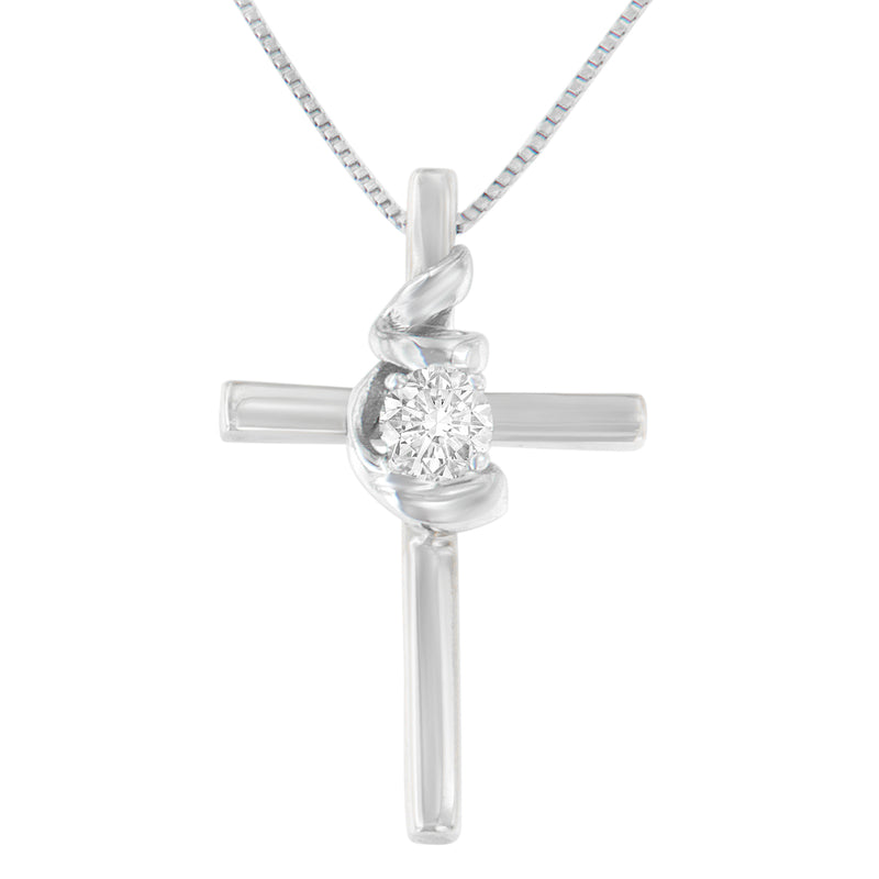 .925 Sterling Silver Prong Set Round-Cut Solitaire Diamond Accent Cross 18" Pendant Necklace (H-I Color, SI2-I1 Clarity)