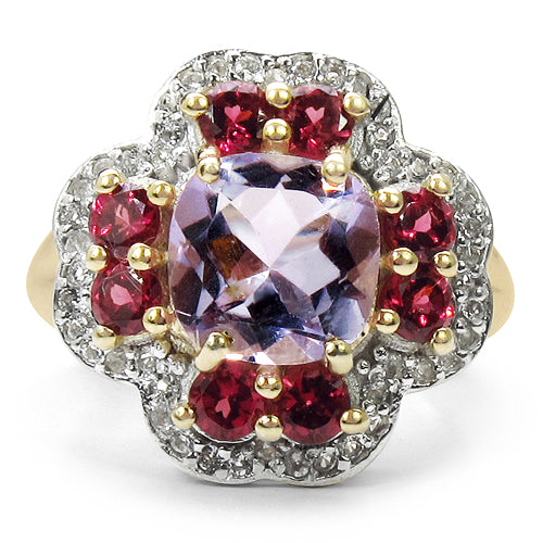 14K Yellow Gold Plated 3.47 Carat Genuine Amethyst, Rhodolite & White Topaz .925 Sterling Silver Ring