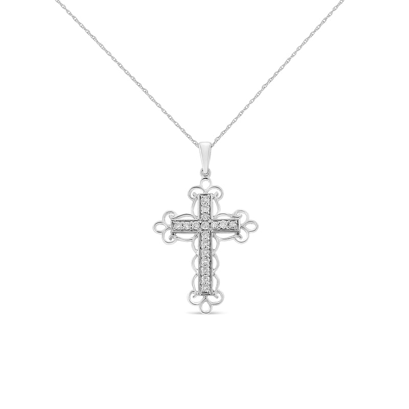 .925 Sterling Silver 1/4 Cttw Round Cut Diamond Art Deco Style Cross 18" Pendant Necklace (J-K Color, I2-I3 Clarity)