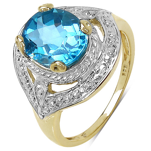 14K Yellow Gold Plated 3.25 Carat Genuine Swiss Blue Topaz .925 Sterling Silver Ring