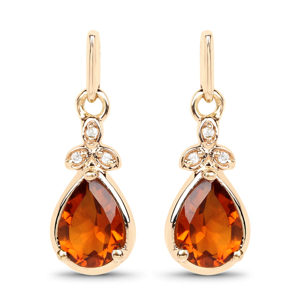 1.32 Carat Genuine Madeira Citrine and White Diamond 14K Yellow Gold Earrings