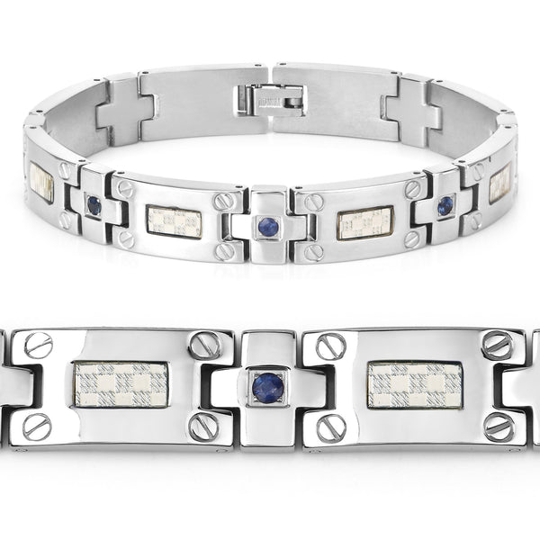 Titanium Men's Bracelet, Mens Titanium Bracelet with Silver Plated Steel Inlay, 0.56ctw. Natural Blue Sapphire Rounds