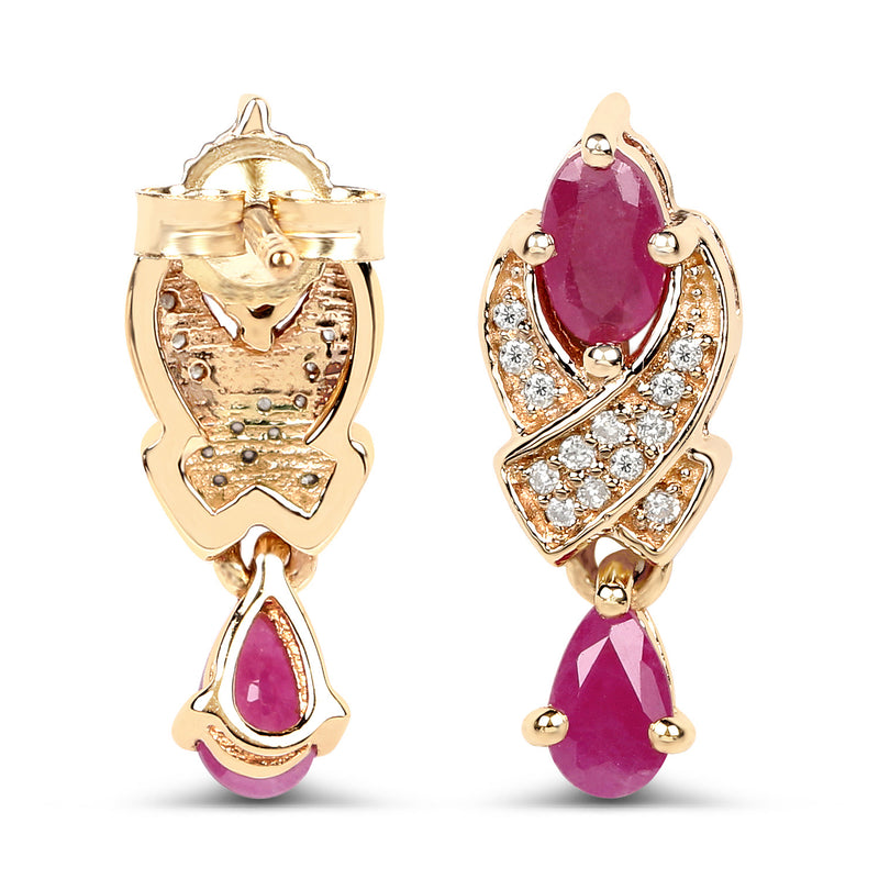 1.12 Carat Genuine Ruby and White Diamond 14K Yellow Gold Earrings