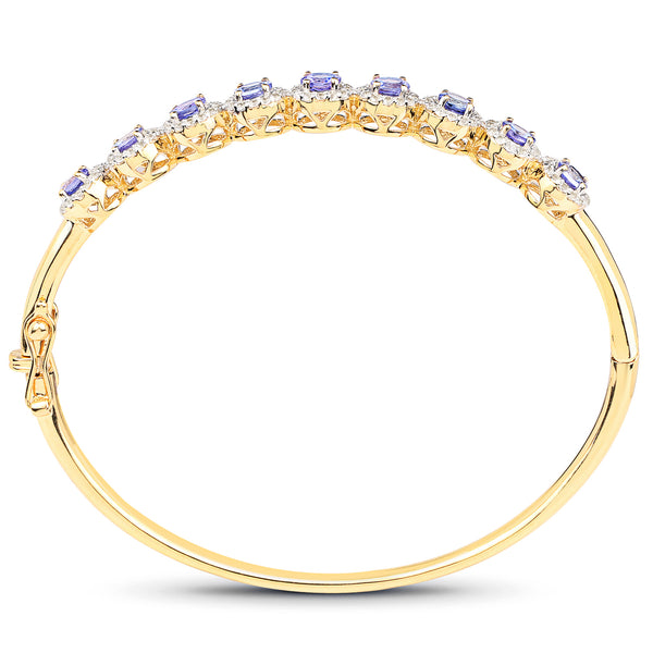 14K Yellow Gold Plated 3.30 Carat Genuine Tanzanite and White Topaz .925 Sterling Silver Bangle