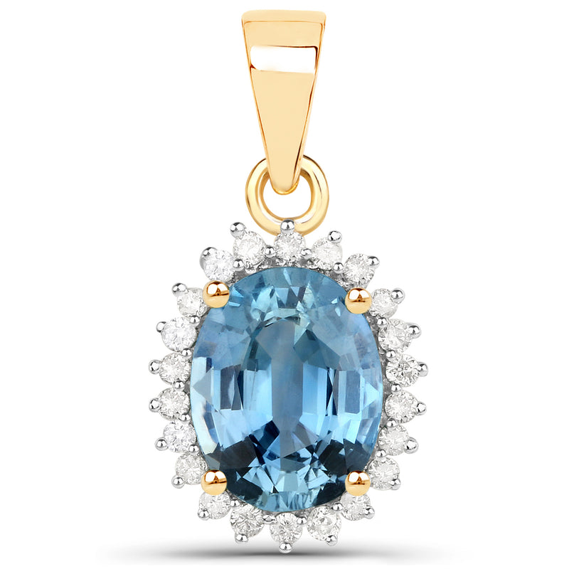 2.44 Carat Genuine Blue Sapphire and White Diamond 14K Yellow Gold Pendant