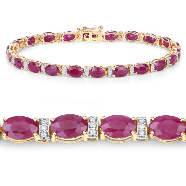 12.36 Carat Genuine Ruby and White Diamond 14K Yellow Gold Bracelet