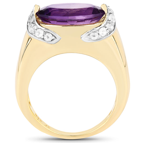 14K Yellow Gold Plated 4.98 Carat Genuine Amethyst and White Topaz .925 Sterling Silver Ring