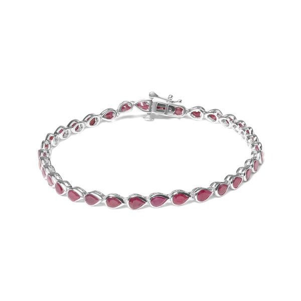 .925 Sterling Silver Bezel Set Pear Shaped Lab Created Pink Ruby Link Bracelet (AAA+ Quality) - Size 7.25"