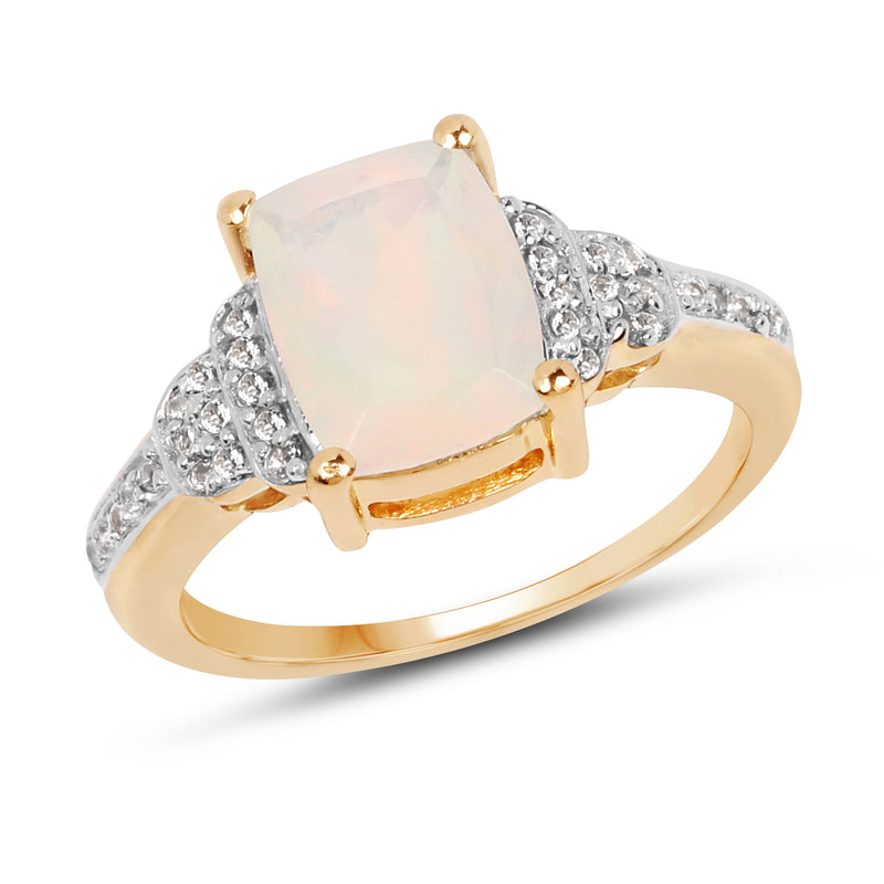 14K Yellow Gold Plated 1.16 Carat Genuine Ethiopian Opal & White Topaz .925 Sterling Silver Ring