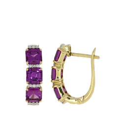 Rhodolite Garnet Diamond Hoop Earrings 14KT Yellow Gold