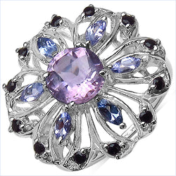 1.77 Carat Genuine Amethyst , Tanzanite & Black Spinel .925 Sterling Silver Ring