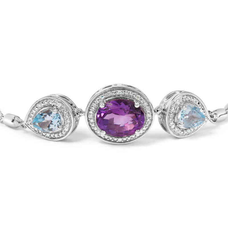 .925 Sterling Silver Oval Amethyst and Pear Blue Topaz with Diamond Accent Lariat 4”-10” Adjustable Bolo Bracelet (H-I Color, SI1-SI2 Clarity)