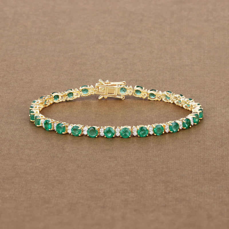 7.06 Carat Genuine Zambian Emerald and White Diamond 18K Yellow Gold Bracelet