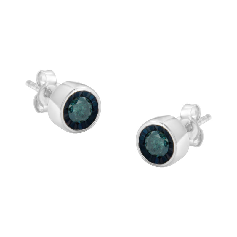 .925 Sterling Silver 0.40 Cttw Round Brilliant-Cut Blue Diamond Miracle-Set Stud Earrings (Fancy Color-Enhanced, I2-I3 Clarity)