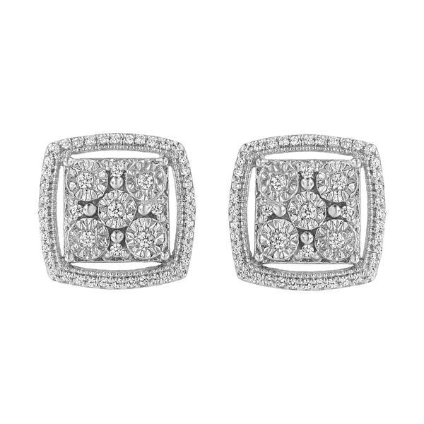 .925 Sterling Silver 3/8 Cttw Miracle Set Round Diamond Double Halo Cluster Earrings (I-J Color, I2-I3 Clarity)