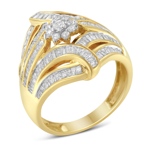 10K Yellow Gold Flashed .925 Sterling Silver 1-1/8 Cttw Round & Baguette Diamond 'Flower & Fern' Cluster Cocktail Fashion Ring (I-J Color, I2-I3 Clarity) - Size 6