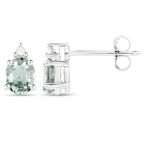 0.64 Carat Genuine Green Sapphire and White Diamond .925 Sterling Silver Earrings