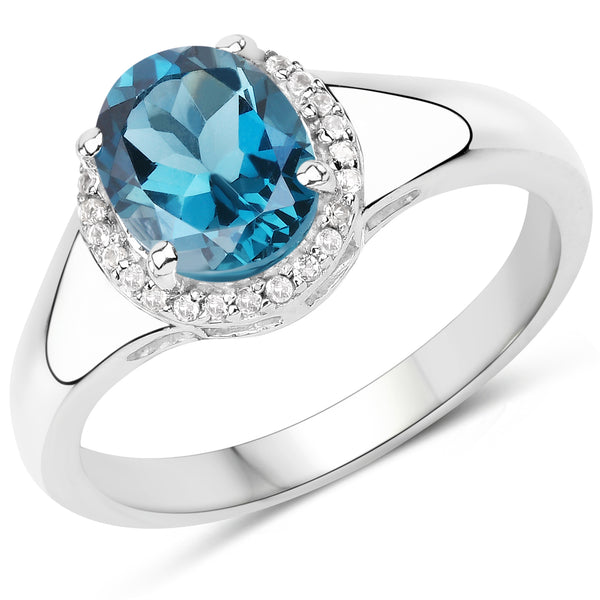 2.13 Carat Genuine London Blue Topaz and White Topaz .925 Sterling Silver Ring