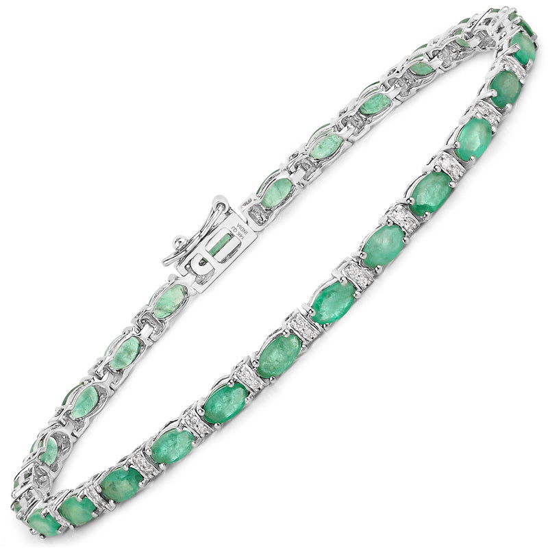 5.21 Carat Genuine Zambian Emerald and White Diamond 14K White Gold Bracelet