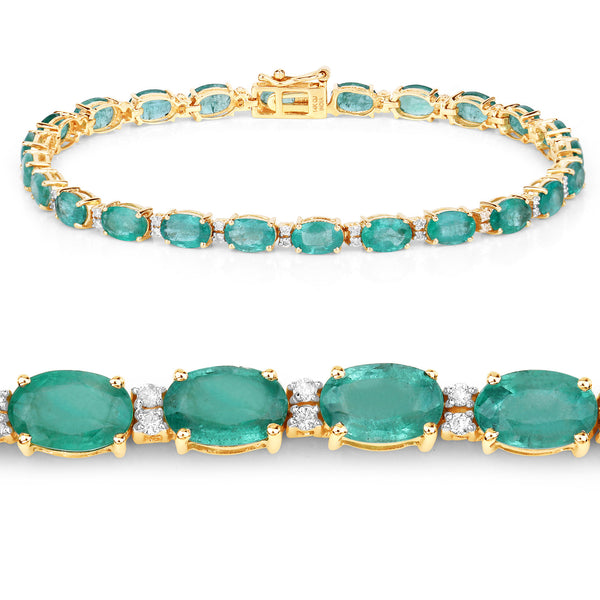 9.90 Carat Genuine Zambian Emerald and White Diamond 14K Yellow Gold Bracelet