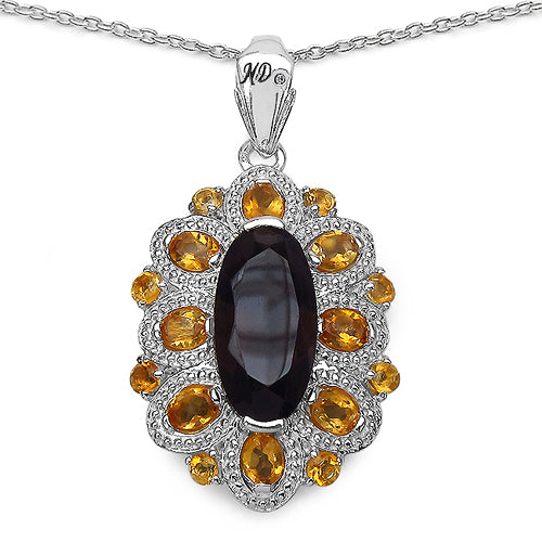 6.40 Carat Genuine Smoky Quartz, Citrine & White Diamond .925 Sterling Silver Pendant