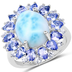 7.02 Carat Genuine Larimar, Tanzanite & White Topaz .925 Sterling Silver Ring