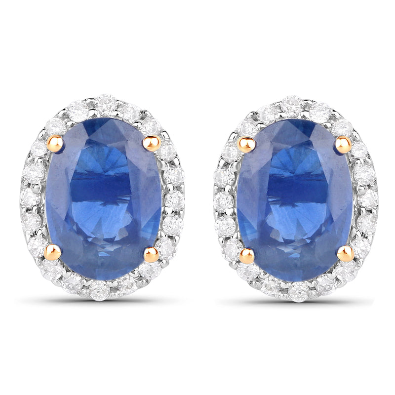 2.16 Carat Genuine Blue Sapphire and White Diamond 14K Yellow Gold Earrings