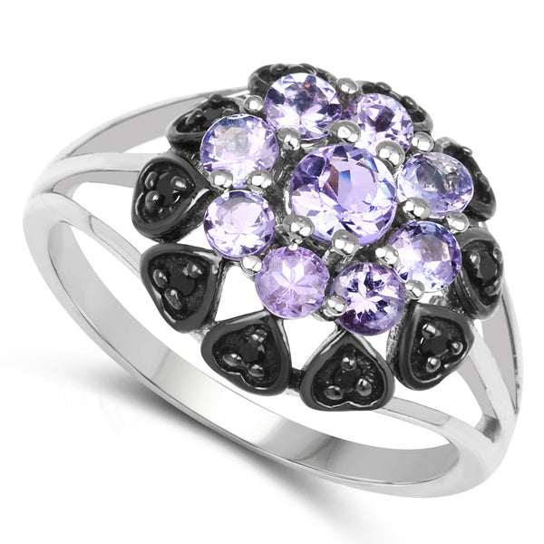 1.18 Carat Genuine Tanzanite and Black Spinel .925 Sterling Silver Ring