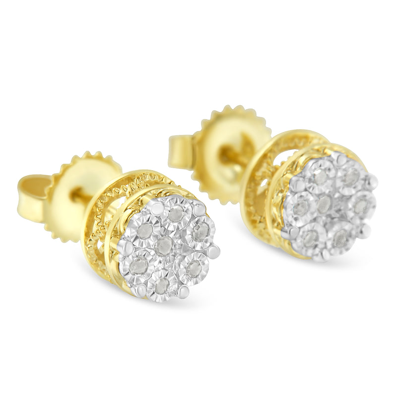 10K Yellow Gold over .925 Sterling Silver 1/7 Cttw Rose-Cut Miracle-Set Diamond Floral Cluster Button Stud Earrings (I-J Color, I3 Clarity)