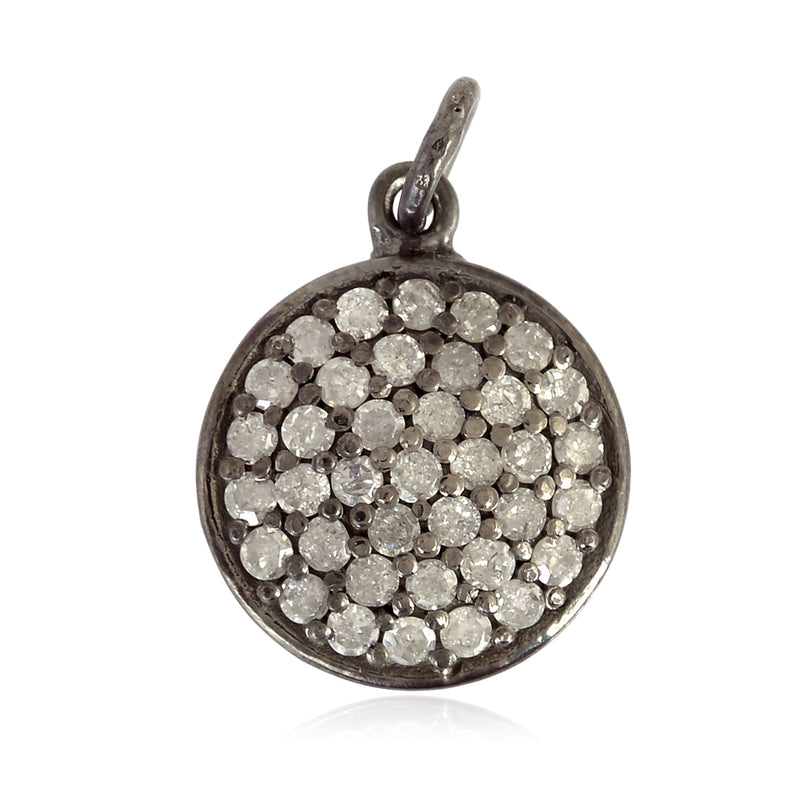 Pave Diamond 925 Sterling Silver Disc Style Charm Pendant Handmade Jewelry