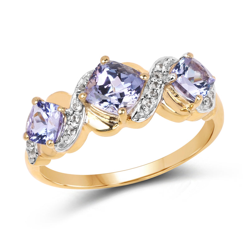 14K Yellow Gold Plated 1.20 Carat Genuine Tanzanite and White Topaz .925 Sterling Silver Ring