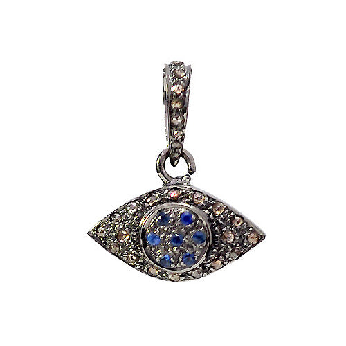 0.43ct Sapphire Pave Diamond Evil Eye Charm Pendant .925 Sterling Silver Jewelry