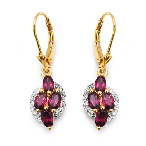 14K Yellow Gold Plated 2.36 Carat Genuine Rhodolite & White Topaz .925 Sterling Silver Earrings