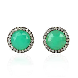Pave Diamond 2.8ct Chrysoprase Round Shape Stud Earrings 18k Gold Silver Jewelry