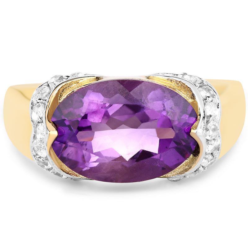 14K Yellow Gold Plated 4.98 Carat Genuine Amethyst and White Topaz .925 Sterling Silver Ring