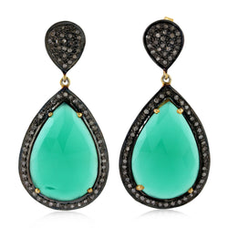 Green Onyx Pave Diamond Drop Dangle Earrings 925 Sterling Silver Jewelry