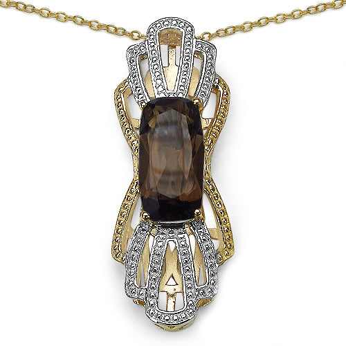 14K Yellow Gold Plated 3.73 Carat Genuine Smoky Quartz & White Diamond .925 Sterling Silver Pendant