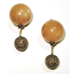 Peach Moonstone & Pave Diamond Double Sided Stud Earrings 14k Gold Jewelry