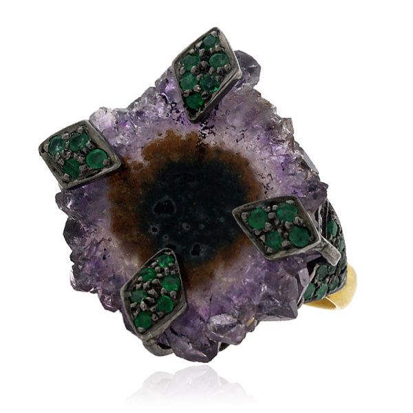 18kt Gold Amethyst Druzy Emerald Sterling Silver Cocktail Ring Designer Jewelry