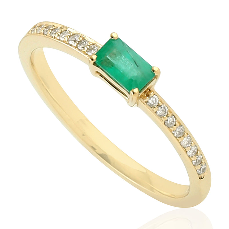 Baguette Emerald Band Ring 0.09ct Pave Diamond 18k Yellow Gold Women's Jewelry