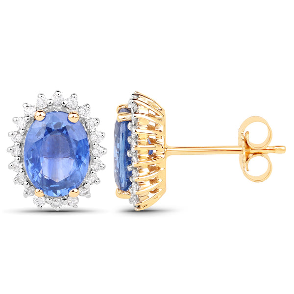 3.25 Carat Genuine Blue Sapphire and White Diamond 14K Yellow Gold Earrings